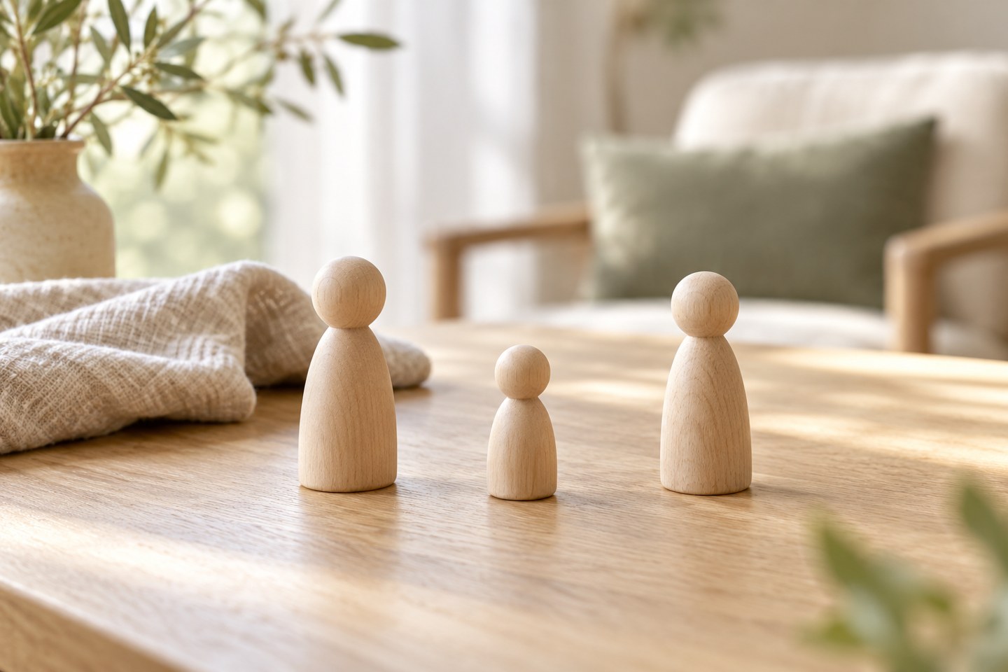 Drei Holzfiguren mit Abstand auf einem hellen Tisch in einem ruhigen Raum.