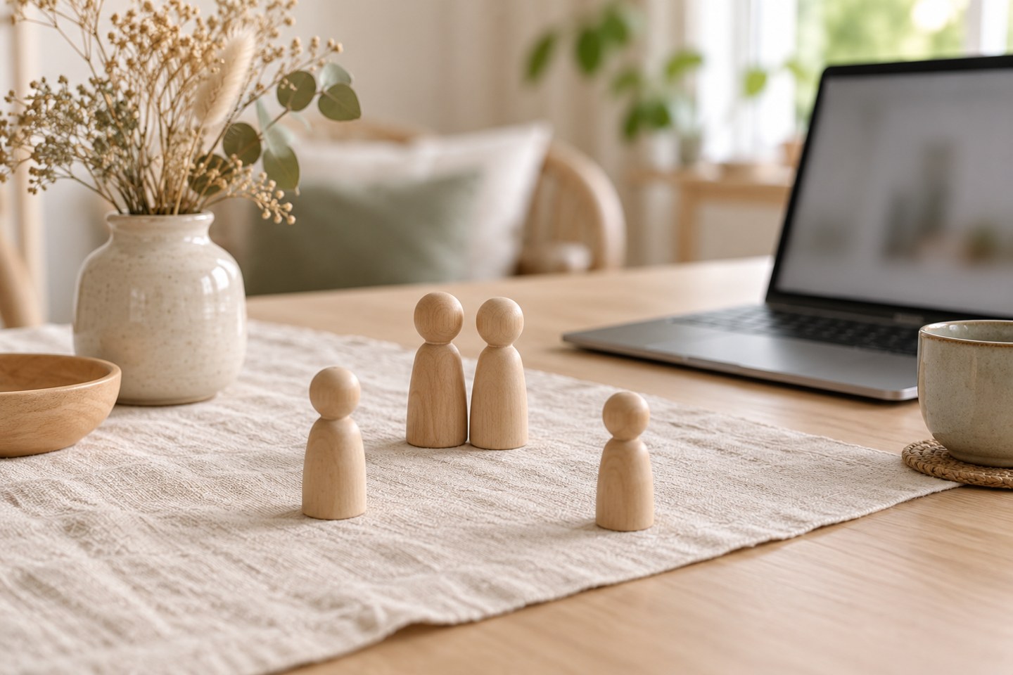 Holzfiguren auf einem mit Leinen bedeckten Tisch neben einem geöffneten Laptop.