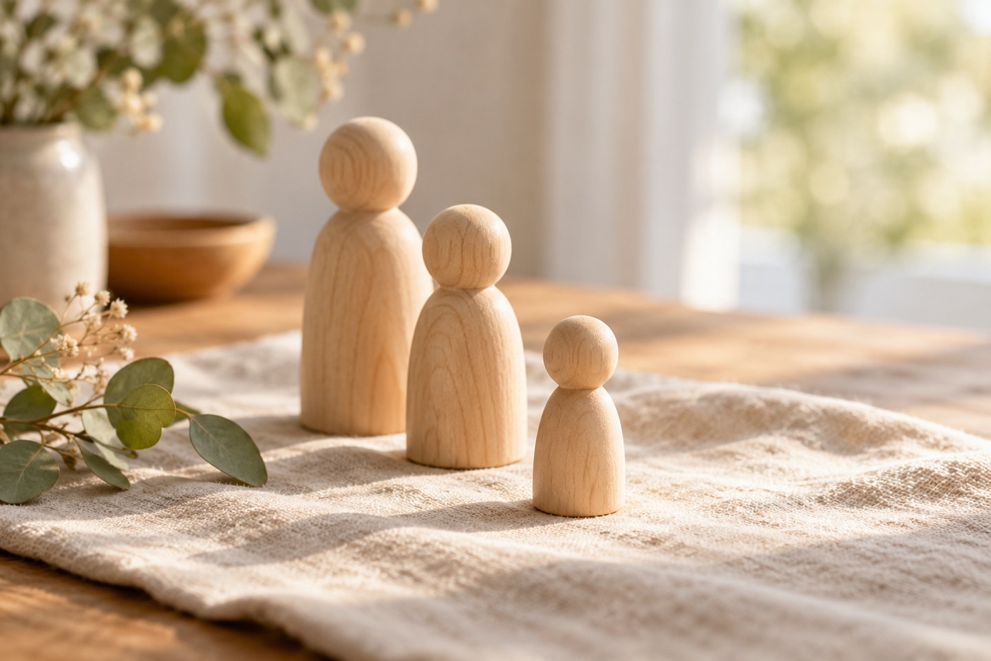 Drei unterschiedlich große Holzfiguren stehen versetzt auf hellem Leinen.